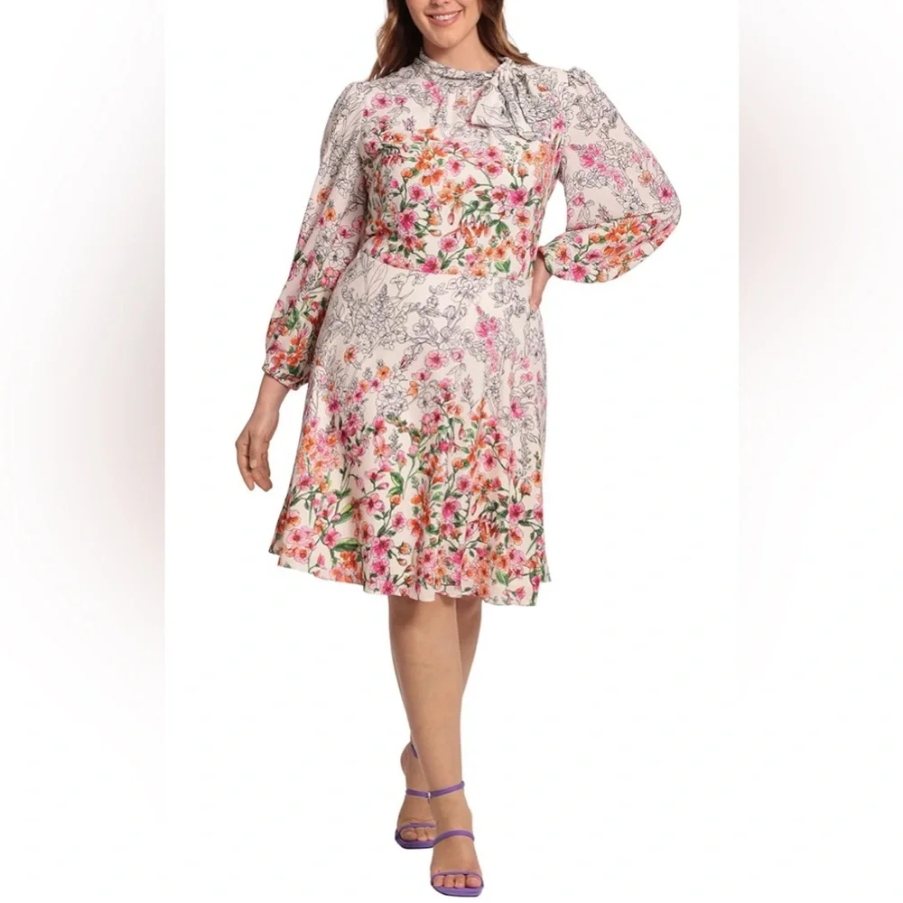 Maggy London mock neck tie floral dress 14 - Picture 3 of 7